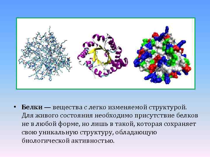  • Белки — вещества с легко изменяемой структурой. Для живого состояния необходимо присутствие