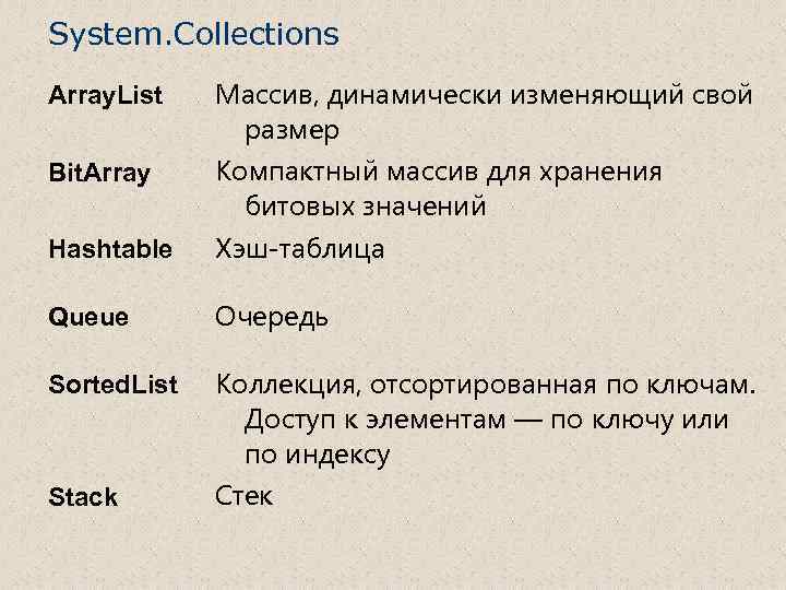 System. Collections Array. List Массив, динамически изменяющий свой размер Bit. Array Компактный массив для