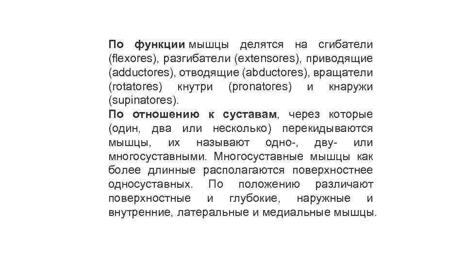 По функции мышцы делятся на сгибатели (flexores), разгибатели (ехtensores), приводящие (adductores), отводящие (abductores), вращатели