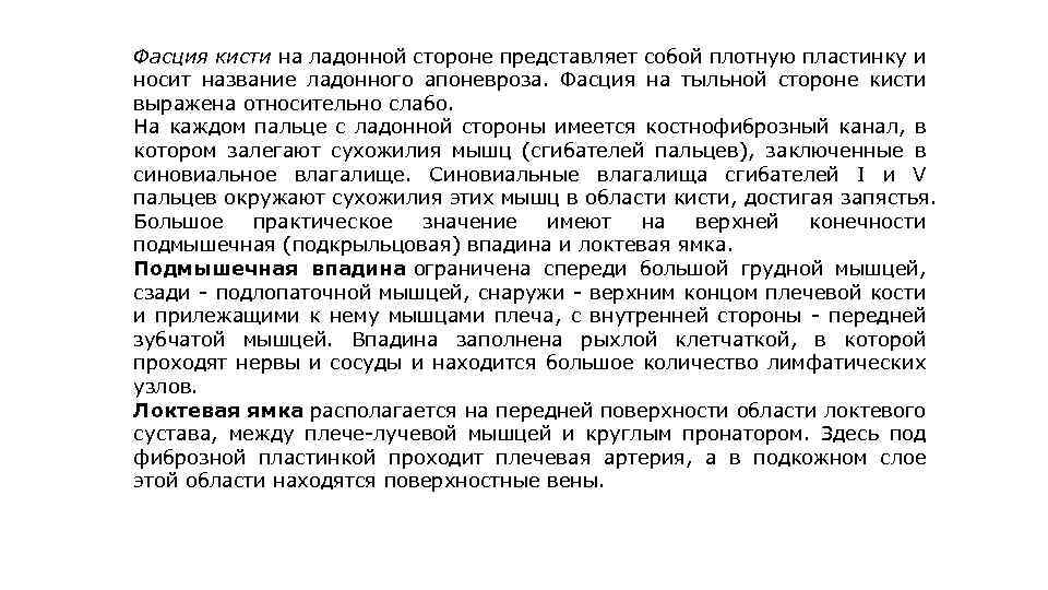 Фасция кисти на ладонной стороне представляет собой плотную пластинку и носит название ладонного апоневроза.