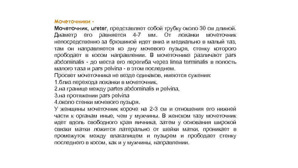 Мочеточники Мочеточник, ureter, представляет собой трубку около 30 см длиной. Диаметр его равняется 4