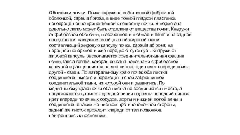 Оболочки почки. Почка окружена собственной фиброзной оболочкой, capsula fibrosa, в виде тонкой гладкой пластинки,