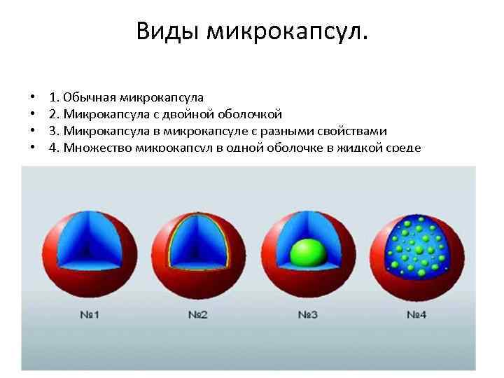 Виды микрокапсул. • • 1. Обычная микрокапсула 2. Микрокапсула с двойной оболочкой 3. Микрокапсула