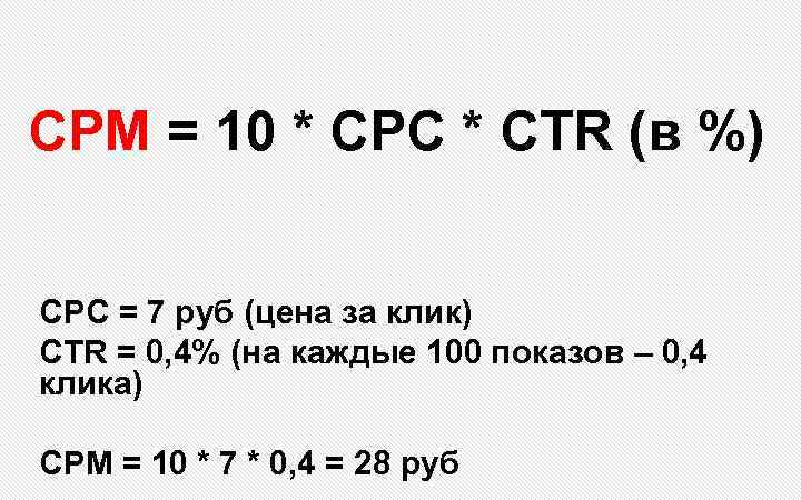 CPM = 10 * CPC * CTR (в %) CPC = 7 руб (цена.