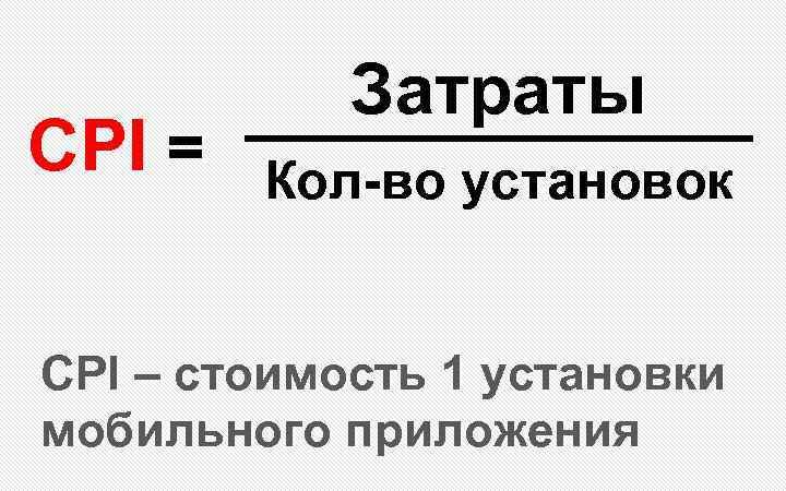 CPI = Затраты Кол-во установок CPI – стоимость 1 установки мобильного приложения 