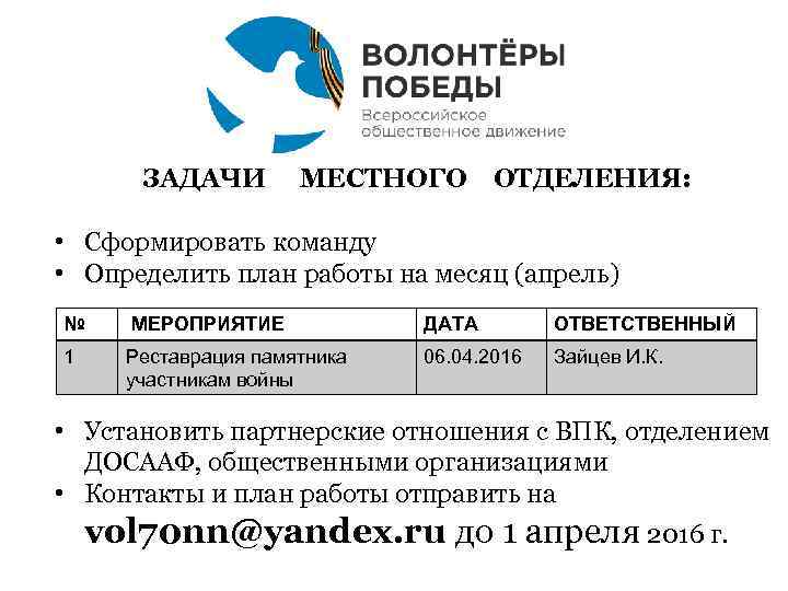 ЗАДАЧИ МЕСТНОГО ОТДЕЛЕНИЯ: • Сформировать команду • Определить план работы на месяц (апрель) №