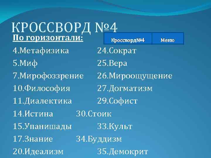 КРОССВОРД № 4 По горизонтали: Кроссворд№ 4 Меню 4. Метафизика 24. Сократ 5. Миф