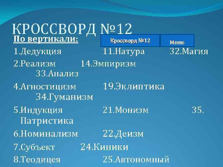 КРОССВОРД № 12 По вертикали: Кроссворд № 12 Меню 1. Дедукция 11. Натура 32.