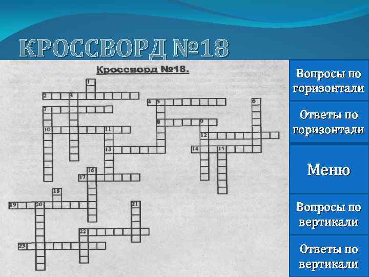 КРОССВОРД № 18 Вопросы по горизонтали Ответы по горизонтали Меню Вопросы по вертикали Ответы