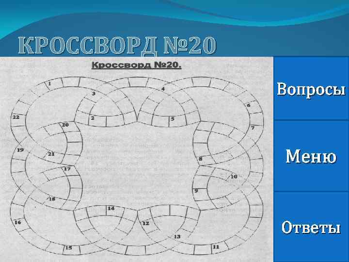 КРОССВОРД № 20 Вопросы Меню Ответы 