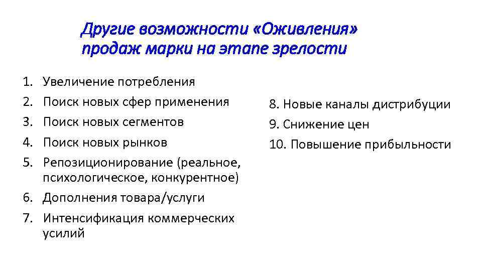 Другие возможности «Оживления» продаж марки на этапе зрелости 1. 2. 3. 4. 5. Увеличение