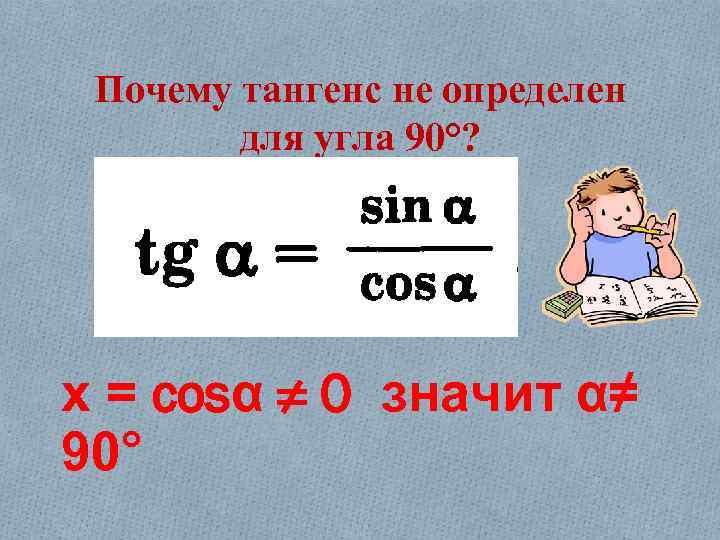 Почему тангенс не определен для угла 90°? х = cosα ≠ 0 значит α≠