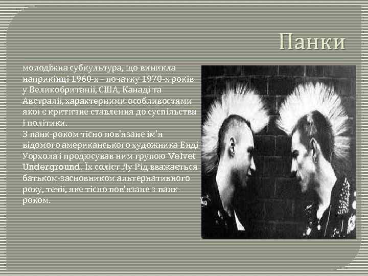 Панки молодіжна субкультура, що виникла наприкінці 1960 -х - початку 1970 -х років у