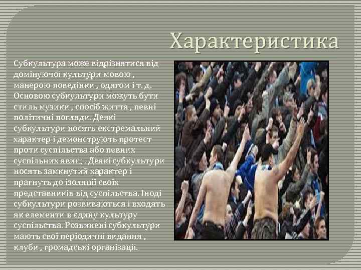 Характеристика Субкультура може відрізнятися від домінуючої культури мовою , манерою поведінки , одягом і