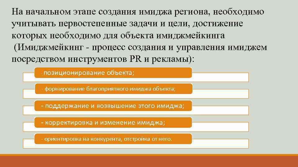 На начальном этапе создания имиджа региона, необходимо учитывать первостепенные задачи и цели, достижение которых