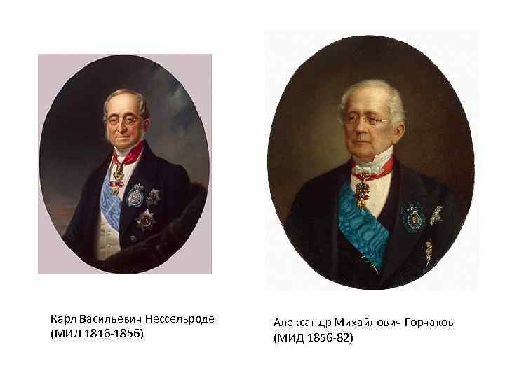 Карл Васильевич Нессельроде (МИД 1816 -1856) Александр Михайлович Горчаков (МИД 1856 -82) 