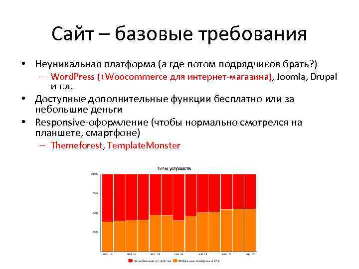 Сайт – базовые требования • Неуникальная платформа (а где потом подрядчиков брать? ) –