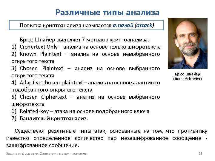 Различные типы анализа Попытка криптоанализа называется атакой (attack). Брюс Шнайер выделяет 7 методов криптоанализа: