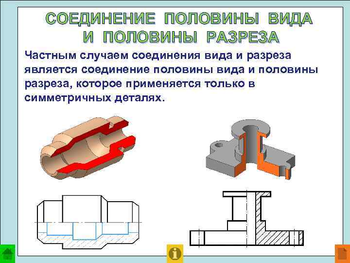 СОЕДИНЕНИЕ ПОЛОВИНЫ ВИДА И ПОЛОВИНЫ РАЗРЕЗА Частным случаем соединения вида и разреза является соединение