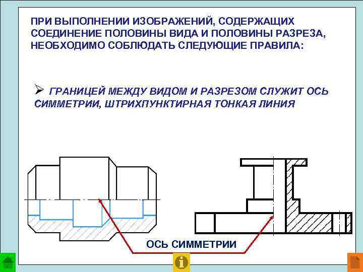 ПРИ ВЫПОЛНЕНИИ ИЗОБРАЖЕНИЙ, СОДЕРЖАЩИХ СОЕДИНЕНИЕ ПОЛОВИНЫ ВИДА И ПОЛОВИНЫ РАЗРЕЗА, НЕОБХОДИМО СОБЛЮДАТЬ СЛЕДУЮЩИЕ ПРАВИЛА: