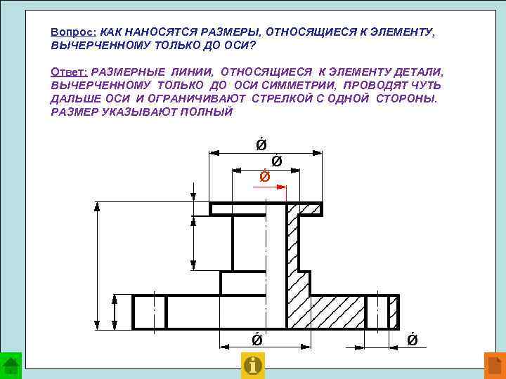 Вопрос: КАК НАНОСЯТСЯ РАЗМЕРЫ, ОТНОСЯЩИЕСЯ К ЭЛЕМЕНТУ, ВЫЧЕРЧЕННОМУ ТОЛЬКО ДО ОСИ? Ответ: РАЗМЕРНЫЕ ЛИНИИ,