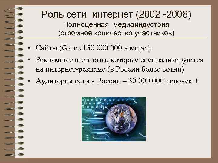 Роль сети интернет (2002 -2008) Полноценная медиаиндустрия (огромное количество участников) • Сайты (более 150