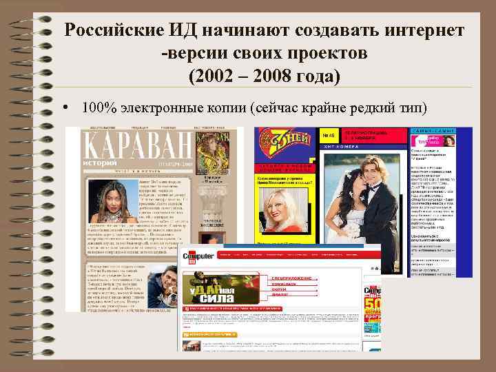 Российские ИД начинают создавать интернет -версии своих проектов (2002 – 2008 года) • 100%