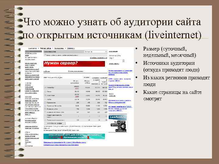 Что можно узнать об аудитории сайта по открытым источникам (liveinternet) • • Размер (суточный,