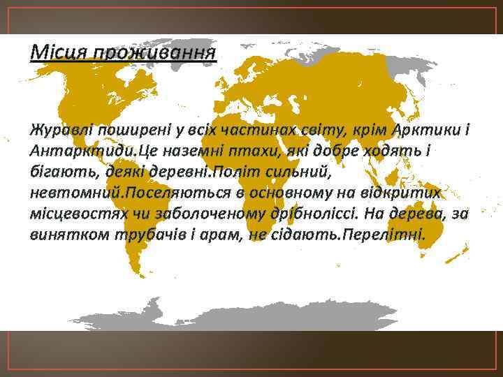 Місця проживання Журавлі поширені у всіх частинах світу, крім Арктики і Антарктиди. Це наземні