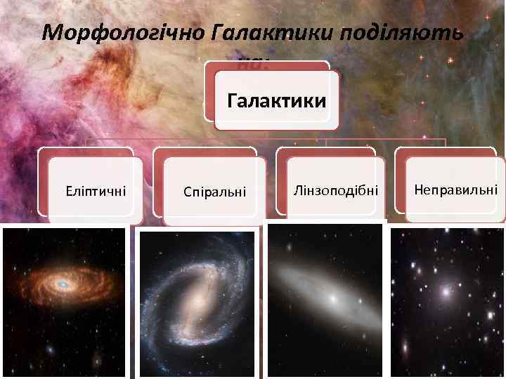 Морфологічно Галактики поділяють на: Галактики Еліптичні Спіральні Лінзоподібні Неправильні 