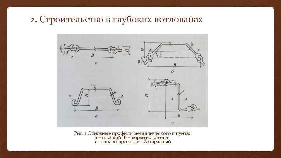 2. Строительство в глубоких котлованах Рис. 1 Основные профили металлического шпунта: а – плоский;