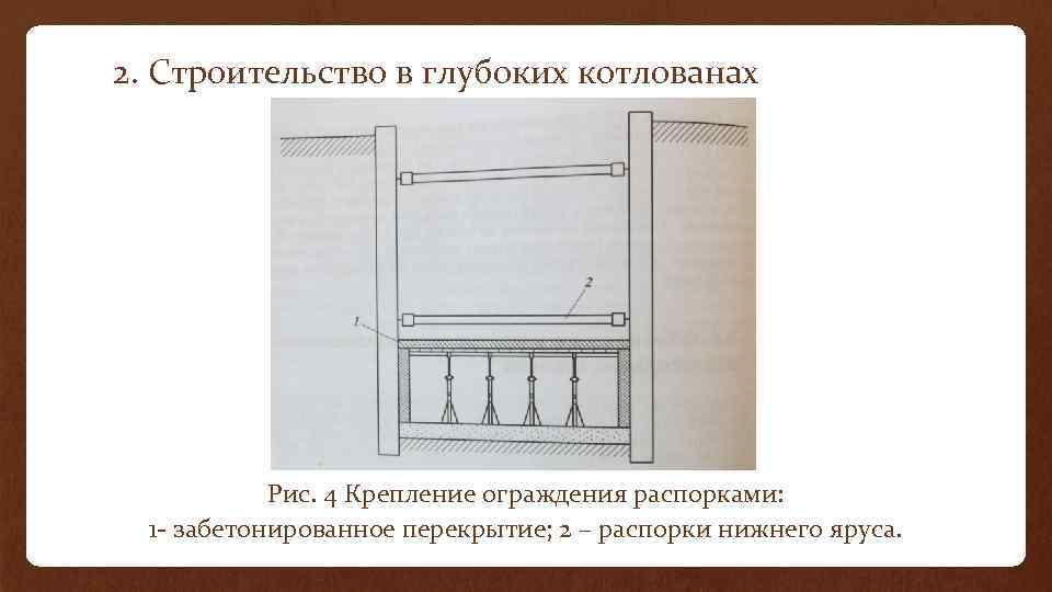 2. Строительство в глубоких котлованах Рис. 4 Крепление ограждения распорками: 1 - забетонированное перекрытие;