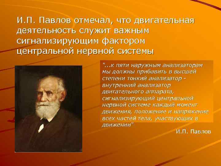 И. П. Павлов отмечал, что двигательная деятельность служит важным сигнализирующим фактором центральной нервной системы
