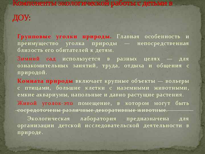 Компоненты экологической работы с детьми в ДОУ: Групповые уголки природы. Главная особенность и преимущество