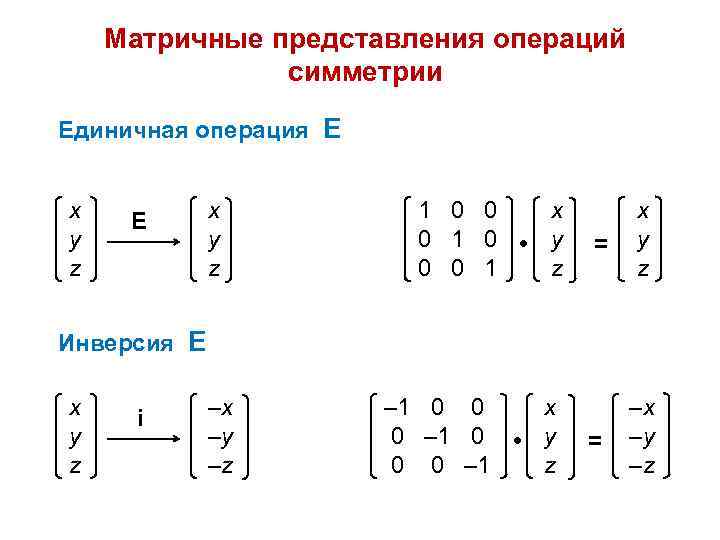 Матричные представления операций симметрии Единичная операция E x y z Е x y z