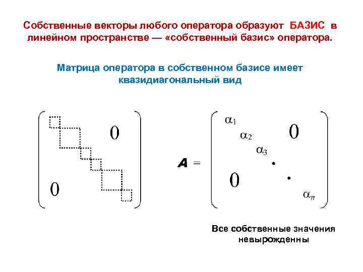 Собственные векторы любого оператора образуют БАЗИС в линейном пространстве — «собственный базис» оператора. Матрица