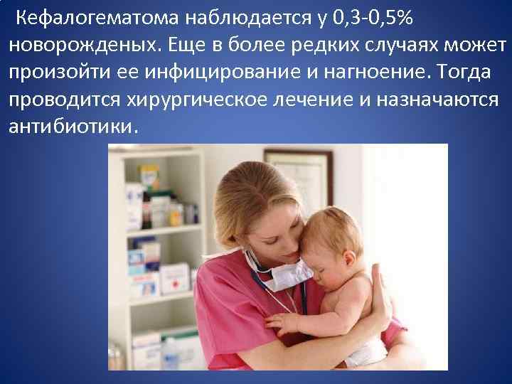  Кефалогематома наблюдается у 0, 3 -0, 5% новорожденых. Еще в более редких случаях