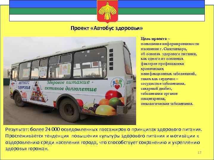 Проект «Автобус здоровья» Цель проекта – повышение информированности населения г. Сыктывкара, об основах здорового