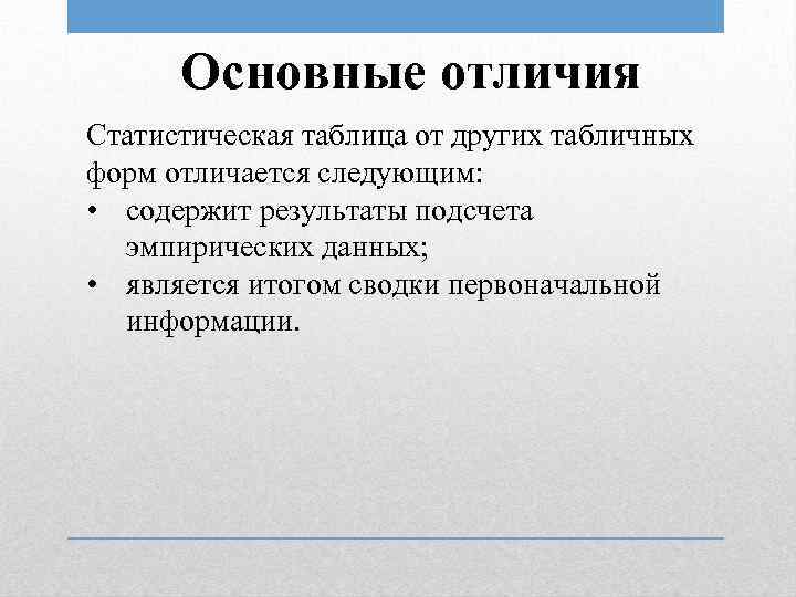 Основные отличия Статистическая таблица от других табличных форм отличается следующим: • содержит результаты подсчета