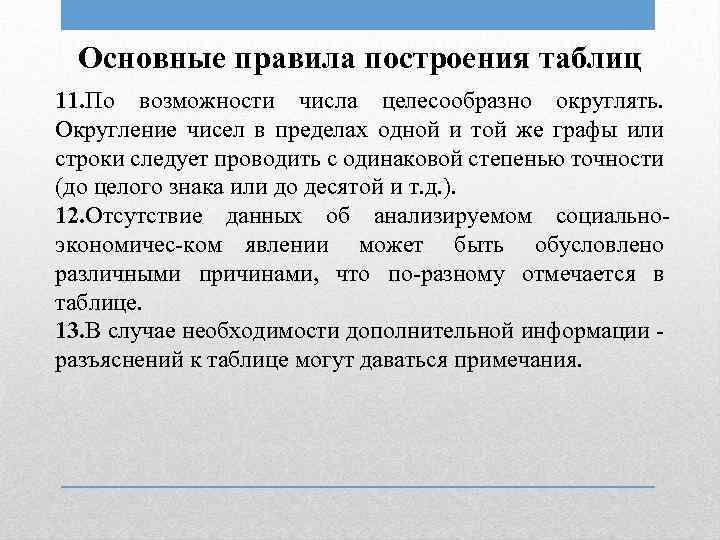 Основные правила построения таблиц 11. По возможности числа целесообразно округлять. Округление чисел в пределах