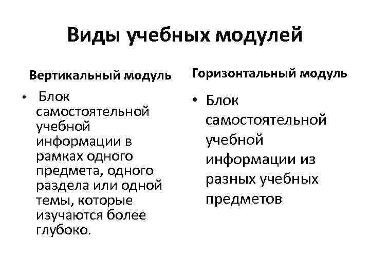 Виды учебных модулей Вертикальный модуль • Блок самостоятельной учебной информации в рамках одного предмета,