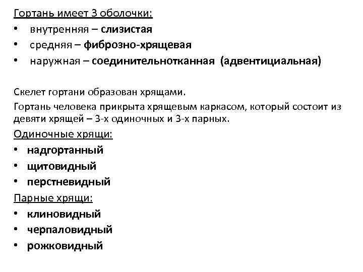 Гортань имеет 3 оболочки: • внутренняя – слизистая • средняя – фиброзно-хрящевая • наружная