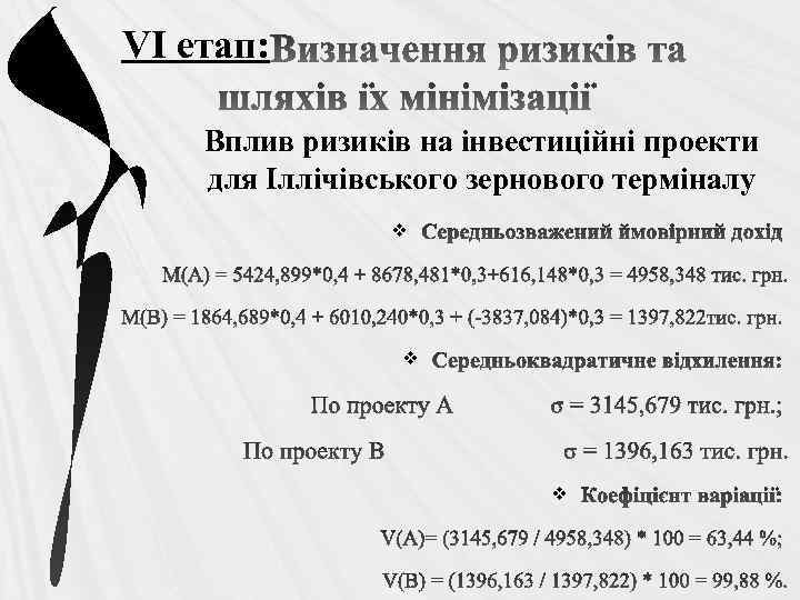 VІ етап: Вплив ризиків на інвестиційні проекти для Іллічівського зернового терміналу v v v