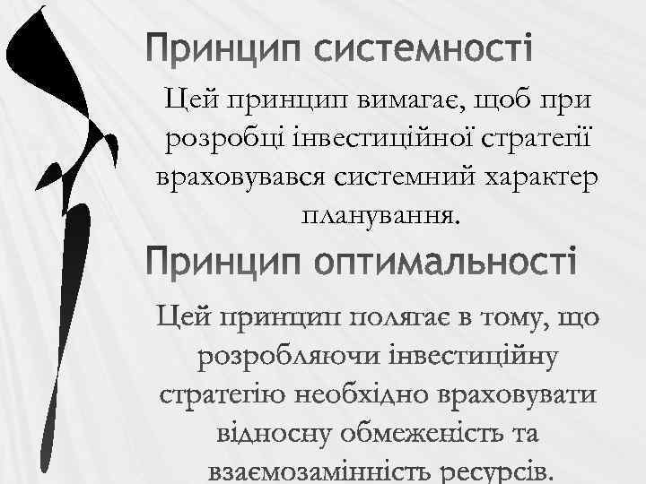 Цей принцип вимагає, щоб при розробці інвестиційної стратегії враховувався системний характер планування. 