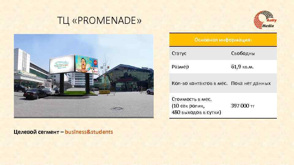 ТЦ «PROMENADE» Основная информация: Статус Свободны Размер 61, 9 кв. м. Кол-во контактов в