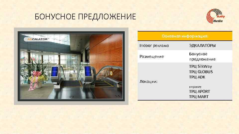 БОНУСНОЕ ПРЕДЛОЖЕНИЕ Основная информация: Indoor реклама ЭДКАЛАТОРЫ Размещение Бонусное предложение Локации: ТРЦ Silk. Way