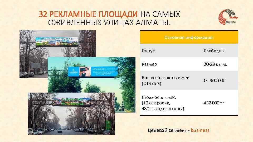 32 РЕКЛАМНЫЕ ПЛОЩАДИ НА САМЫХ ОЖИВЛЕННЫХ УЛИЦАХ АЛМАТЫ. Основная информация: Статус Свободны Размер 20