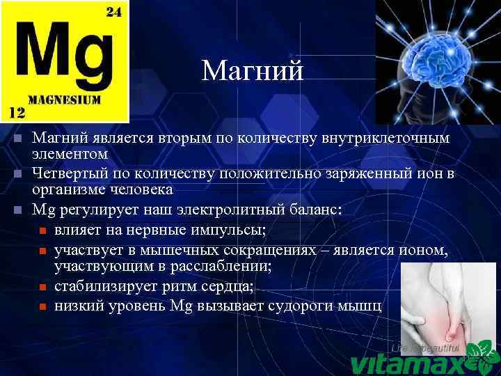 Магний n n n Магний является вторым по количеству внутриклеточным элементом Четвертый по количеству