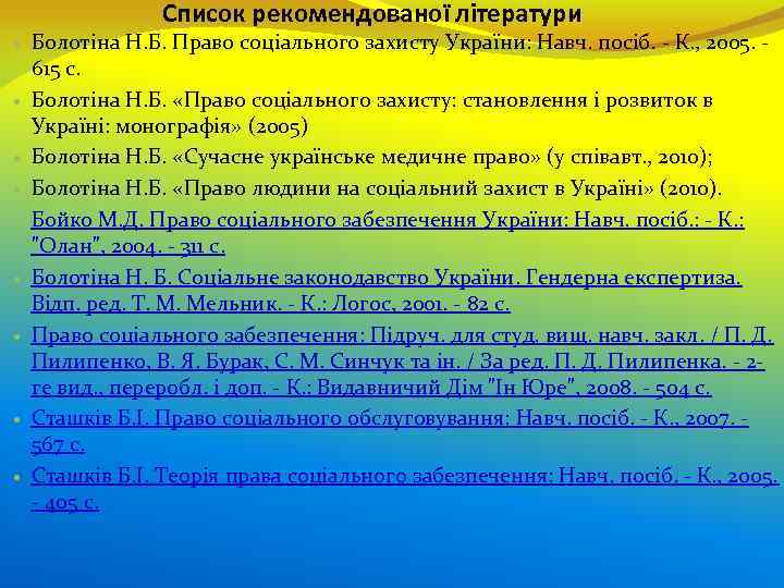 Список рекомендованої літератури Болотіна Н. Б. Право соціального захисту України: Навч. посіб. - К.