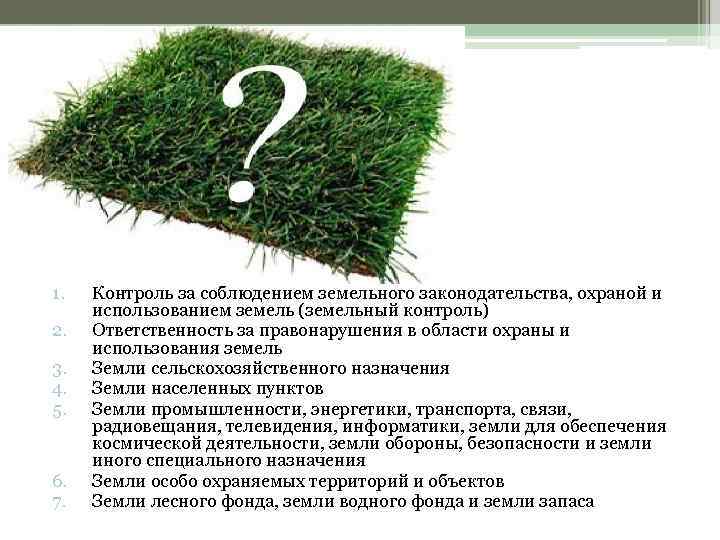 1. 2. 3. 4. 5. 6. 7. Контроль за соблюдением земельного законодательства, охраной и